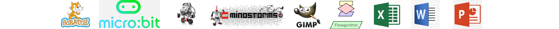 A használt programok logói láthatóak a képen. Ezek sorba a következők:scratch, micro:bit, lego robot, gimp, flowgorithm, excel, word, powerpoint